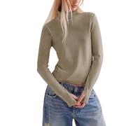 Silly Turtle Turtleneck Long Sleeve Shirts for Women Casual Fall Basic Layering Top Elastic Pullover Shirts Lightweight, Khaki, M