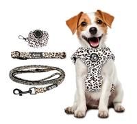 Silly Zilly 4-Piece Leopard Print Dog Set, Harness with Leash, Collar and Waste Bag Dispenser, Matching Coordinated Bundle (Small)