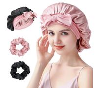 Silmana 22 Momme Silk Bonnet for Women with 2 Silk Scrunchies, 100% Mulberry Silk Double-Sided Sleep Cap for Hair Care, Suitable for All Hair Types - Pink