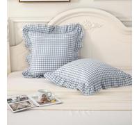 Silnuo Dusty Blue Plaid Ruffle Throw Pillow Covers Set of 2,Washed Cotton Shabby Checkered Gingham Pillow Shams Decorative Shams for Sofa,Couch,Liviing Room-20"x20"