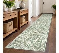 SILOLOOM Vintage 2.6x12 Hallway Runner, Sage Green Beige Washable Non-Slip Long Hallway Carpet, Super Soft Kitchen Runner, Print Faux Wool Floral Thin Carpet for Entryway