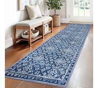SILOLOOM Vintage 2.6x8 Hallway Runner, Blue Washable Non-Slip Hallway Carpet, Super Soft Kitchen Runner Rug, Print Faux Wool Floral Thin Carpet for Indoor & Bedside