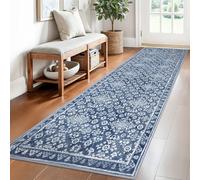 SILOLOOM Vintage 2.6x8 Hallway Runner, Denim Blue White Washable Non-Slip Hallway Carpet, Super Soft Kitchen Runner Rug, Print Faux Wool Floral Thin Carpet for Indoor & Bedside