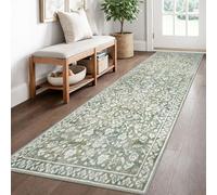 SILOLOOM Vintage 2.6x8 Hallway Runner, Sage Green Beige Washable Non-Slip Hallway Carpet, Super Soft Kitchen Runner Rug, Print Faux Wool Floral Thin Carpet for Indoor & Bedside