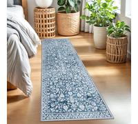 SILOLOOM Vintage 2x7 Runner Rug, Denim Blue White Washable Runners for hallways, Super Soft Kitchen Runner Rug Non Slip, Print Faux Wool Floral Thin Carpet Runner for Entryway Indoor Bedside Runner