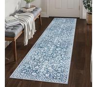 SILOLOOM Vintage 2x8 Hallway Runner Rug, Blue and White Washable Rug, Non-Slip Super Soft Kitchen Runner Rug, Print Faux Wool Floral Thin Carpet for Entryway Bedside