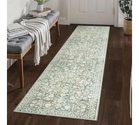 SILOLOOM Vintage 2x8 Hallway Runner, Sage Green Beige Washable Hallway Rug Runner Non Slip, Super Soft Kitchen Runner Rug, Print Faux Wool Floral Thin Carpet Runner for Entryway Indoor Bedroom