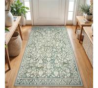 SILOLOOM Vintage 3x5 Washable Rug for Entryway, Super Soft Sage Green Beige Entryway Rug Non-Slip, Printed Faux Wool Floral 3x5 Area Rug Thin Floor Carpet for Kitchen, Bedroom, Office, Living Room