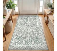 SILOLOOM Vintage 3x5 Washable Rug for Entryway, Super Soft Sage Green Grey Entryway Rug with Non-Slip, Printed Faux Wool Floral 3x5 Area Rug Thin Floor Carpet for Kitchen, Bedroom, Living Room