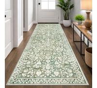 SILOLOOM Vintage 3x8 Hallway Rug, Sage Green Beige Washable Hallway Runner Rug Non Slip, Super Soft Kitchen Runner Rug, Print Faux Wool Floral Thin Carpet Runner for Entryway Indoor Bedroom