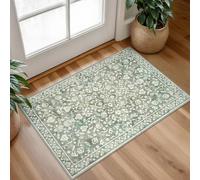 SILOLOOM Vintage Entryway Rug Indoor, Sage Green Beige Washable Rug 2x3, Small Area Rug with Non-Slip Backing, Floral Print, Thin Faux Wool Super Soft Door Mat for Kitchen, Entrance, Bedroom, Office