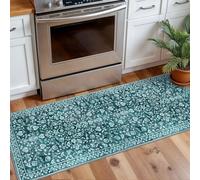 SILOLOOM Vintage Washable 2x5 Rug Runner, Dark Teal Runners for hallways, Super Soft Kitchen Runner Rug Non Slip, Print Faux Wool Floral Thin Carpet Runner for Entryway Indoor Bedroom