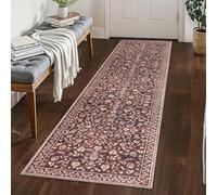 SILOLOOM Vintage Washable 2x8 Runner Rug Non Slip, Deep Burgundy Hallway Runner Rug, Super Soft Kitchen Runner Rug, Printed Faux Wool Thin Carpet Runner for Entryway Indoor Laundry Room Bedroom