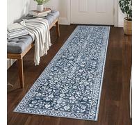 SILOLOOM Vintage Washable 2x8 Runner Rug Non Slip, Navy Hallway Runner Rug, Super Soft Kitchen Runner Rug, Printed Faux Wool Thin Carpet Runner for Entryway Indoor Laundry Room Bedroom