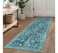 SILOLOOM Vintage Washable Runner Rug 2x6, Dark Teal Runners for hallways, Super Soft Kitchen Runner Rug Non Slip, Printed Faux Wool Floral Thin Carpet Runner for Entryway Laundry Room Bedroom