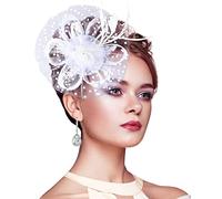Silom Fascinators Hat for Women, Cocktail Tea Party Headwear Flower Mesh Feather Fascinator Girls Flower Hair Clip Fascinators Bridal Headpiece Wedding Church Hats (White)