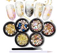 SILPECWEE 6 Boxes 3D Mix-shape Metal Nail Studs Big Gem Pearls Nail Art Rhinestone Nail Rivet Set Nail Jewels Decoration With 1Pc Tweezers And Picker Pencil