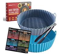 Silreck Silicone Air Fryer Liner Reusable Air Fryer Liners I Air Fryer Accessories Pack 2 Air Fryer Liners Replacement for Disposable Parchment Paper Liner with Cooking Chart and Tong (Grey+Blue)