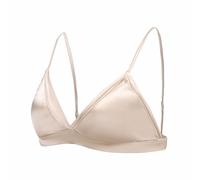 SilRiver Women Silk Padded Bralette Deep V Bra Wire Free Super Soft Comfortable for Sensitive Skin (Oatmeal, Small)