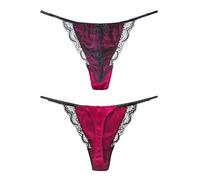 SilRiver Women's Satin Silk G-String Thongs Sexy Panties Luxury Tangas Lingerie with Adjustable Straps & Contrast Black Lace, Rose Violet, L-XL