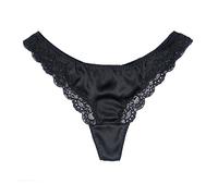 SilRiver Women's Silk Satin Thong T-Back Lace Panties, Soft & Chic Black