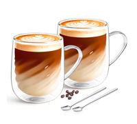 SILRIVES 350ml Double Walled Glass Coffee Cups Set of 2 Cappuccino Latte Macchiato Glasses with Handles Borosilicate Heat Resistant Glass Mugs for Coffee Espresso Tea Hot Chocolate Milk Juice