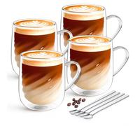 SILRIVES 350ml Double Walled Glass Mugs Set of 4 Cappuccino Latte Glasses Cups with Handles and Spoons Borosilicate Insulated Coffee Cups for Espresso Tea Hot Chocolate Milk Juice Ice Cream