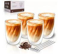 SILRIVES Double Walled Coffee Mug 4x350ml Insulated Cappuccino Cups with 4 Spoons Borosilicate Heat Resistant Latte Macchiato Glasses Cups Double Walled Glass Mugs for Coffee Expresso Tea Milk