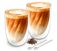 SILRIVES Double-Walled Latte Macchiato Glasses Set, 350 ml, 4 Glasses with Spoons, Borosilicate Glass, Modern, 8 x 10 cm, for Coffee, Cappuccino, Espresso (2 x 350 ml + 2 Spoons)