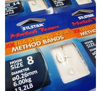 SILSTAR Match Team 24 (4 packs of 6) K83E - Wide Gape XTRA STRONG (Method Power Band Rigs) Barbless Hair Rig Fishing Hooks - Available in size 8, 10, 12 and 14 (4 packs - 1 of each size)