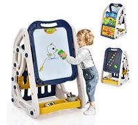 SilteD 3 in 1 Kids Art Easel, Height Adjustable Double-Sided Blackboard and Magnetic Whiteboard Easels with Bookshelf, Storage Tray & Drawing Accessories, Children Educational Toys Gift (Blue)