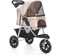 SilteD 3 Wheels Pet Stroller for Cats/dogs Pushchair Carrier, Dog Stroller with Large Wheels Foldable Dog Pram with Cup Holder,Loading 55 Ibs (Color : Khaki)