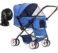 SilteD 4 Wheel Cat/dog Stroller with Stroller Fan Dog Strollers for Medium Small Dogs Reversible Push Handle Pet Stroller Puppy& Kitten Carrier (Color : Blue)