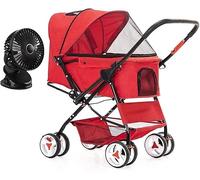 SilteD 4 Wheel Cat/dog Stroller with Stroller Fan Dog Strollers for Medium Small Dogs Reversible Push Handle Pet Stroller Puppy& Kitten Carrier (Color : Red)