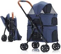 SilteD Doublelayer Cat Dog Trolley Strollers Pushchair Foldable Pet Stroller for 2 Dogs/Cats Great for Twin Or Multiple, Breathable Travel Carrier Cat Cage (Color : Blue)