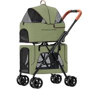 SilteD Doublelayer Dog Pram Pet Cat Strollers Breathable Travel Stroller Carrier Detachable Cage Foldable Pet Trolley Pushchair Great for Twin Or Multiple (Color : Green)