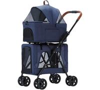 SilteD Doublelayer Pet Trolley Strollers Foldable Pet Stroller for Dogs/Cats Pushchair Great for Twin Or Multiple Breathable Travel Carrier Detachable Cat Cage (Color : Blue)
