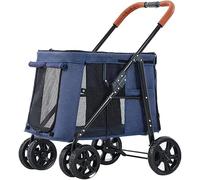 SilteD Multiple Pet Cat Cart Trolley Large Dog Pram Stroller Foldable 2 Cats Carriage Dog Strollers Pushchair for Twin Or Multiple Pet Load Bearing 66lbs (Color : Blue)