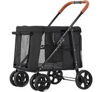 SilteD Multiple Pet Cat Cart Trolley Large Dog Pram Stroller Foldable 2 Cats Carriage Dog Strollers Pushchair for Twin Or Multiple Pet Load Bearing 66lbs (Color : Black)