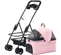 SilteD Pet Strollers with Detachable Cup Holder Pushchair Dog/Cat Strollers Lightweight Pram Breathable Zipperless Entry Cat Stroller 360° Wheels (Color : Pink)