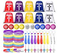 SilTriangle 100 Pcs Jesus Loves You Party Favors Includes Jesus Loves You Drawstring Backpack, Bracelets, Keychains, Cross Necklaces and Stress Balls for VBS Church Christian Gift(Assortment Color)