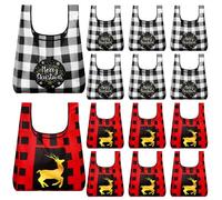 SilTriangle 12 Pack Christmas Reusable Grocery Bags Heavy Duty Foldable Christmas Buffalo Plaid Gift Bags with Handles Tote Shopping Large Holiday Buffalo Plaid Gifts for Women