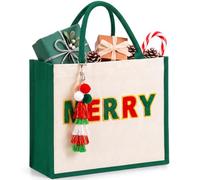 SilTriangle 2 Pcs Large Christmas Canvas Tote with Handles Gift Bag | 13.8 x 11.4 x 5.5 In, Tassel Ornament and Blank Wooden Tags, Red White Design, Secret Santa Party Favor, Xmas Gifts for Women