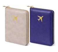 SilTriangle 2 pcs Leather Passport Holder Covers Case, Waterproof RFID Blocking Travel Wallet, Features An Embossed Gold Aircraft Emblem Passport Holder For Women Men, Grey,Sea Blue