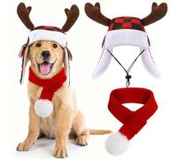 SilTriangle 2 Set Christmas Dog Hat Pet Cap with Earmuffs and Red Knit Scarf Warm Adjustable Pet Winter Dog Headwear for Dogs (Reindeer Style,S)