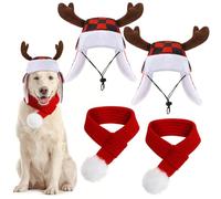 SilTriangle 2 Set Christmas Dog Hat Pet Cap with Earmuffs and Red Knit Scarf Warm Adjustable Pet Winter Dog Headwear for Dogs(Reindeer Style,M)