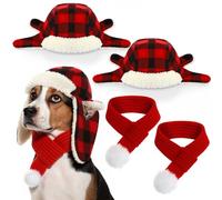 SilTriangle 2 Set Christmas Dog Hat with Earmuffs and Red Knit Scarf Red and Black Plaid Pet Cap Warm Adjustable Pet Winter Dog Headwear for Small Medium Large Dogs