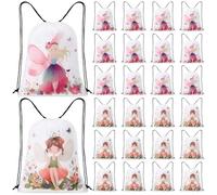 SilTriangle 24 Pcs Flower Fairy Drawstring Bags Candy Treats Waterproof Goodie Bags for Birthday Party Favors & Beach 2 Fairy Designs (16.5 x 12.6 Inch)