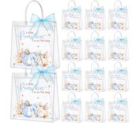 SilTriangle 24 Pcs Little Pumpkin Baby Shower Gift Bags a Little Pumpkin Is on the Way Treat Clear Tote Bags with Blue Ribbon Fall Themed Gender Reveal Birthday Party Favors Thanksgiving Supplies