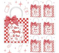 SilTriangle 24 Pcs She's Ready to Pop Baby Shower PVC Gift Bags with Handles Plastic Gift Bags Reusable Coquette Red Gingham Ribbon Tote Bulk Red Soda Gender Reveal Baby Shower Party Decorations